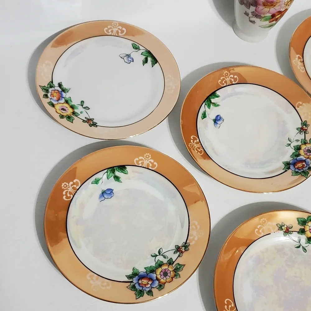Floral Lusterware Vase Plates Hand Painted Flowers Made in Japan